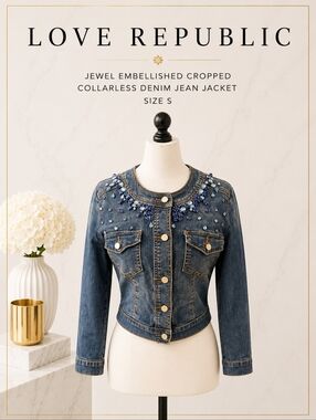 💎 Brand New Jewel Embellished Cropped Collarless Denim Jean Jacket Size S